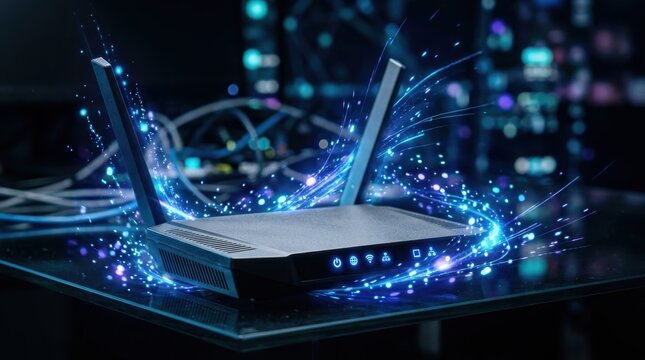 Wireless WiFi Router with Glowing Blue Signal Light Effects and Data Particle Streams on Glass Table, High-Speed Internet Broadband Modem in Tech Server Room Environment