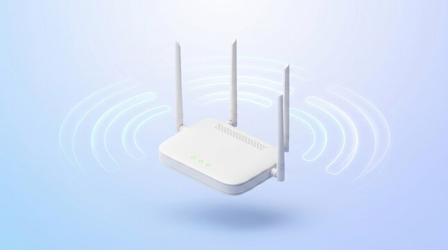 White wireless Wi-Fi router with four antennas floating on a soft blue background with glowing signal waves, representing high speed internet connection and home network coverage