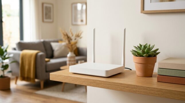 White wireless Wi-Fi router with two antennas sitting on a wooden shelf next to a potted succulent in a modern living room interior, providing high-speed home internet connection.