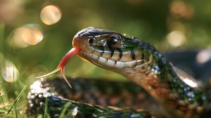 Fototapeta premium Close-up of a green and black patterned snake with its tongue flicking out, resting on grass with blurred bokeh background highlighting natural habitat