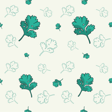 A seamless vector pattern featuring green and outline coriander or cilantro leaves on a light background, creating a fresh botanical design.