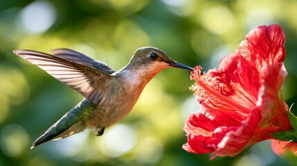 Fototapeta premium Hummingbird hovering near vibrant red hibiscus flower with blurred green foliage in the background, showcasing intricate wing details and colorful plumage