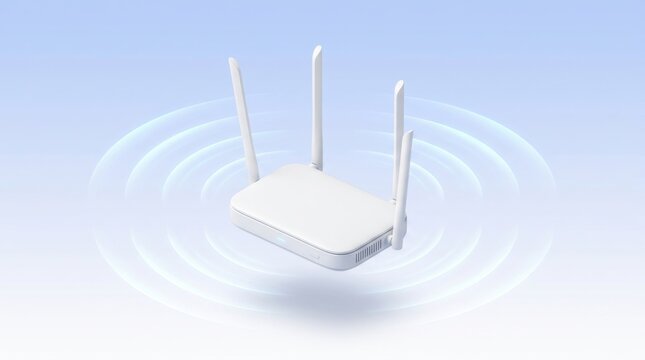 White Wireless Wi-Fi Router with Four Antennas Floating Above Glowing Blue Signal Wave Ripples, High-Speed Internet Broadband Connection Concept on Gradient Background