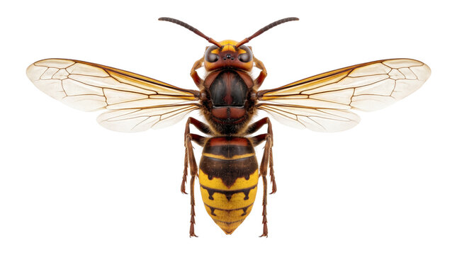 Close up European hornet viewed from above showing full body.