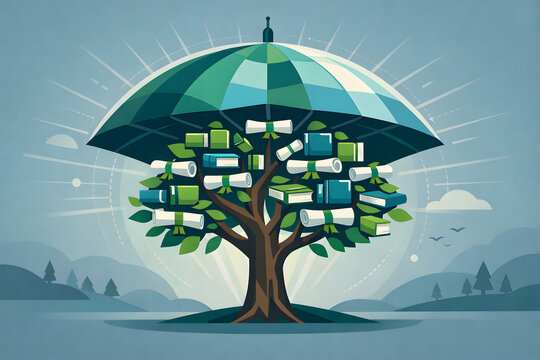 Conceptual tree filled with books and diplomas protected under a large umbrella, representing family education insurance, child tuition fund planning and financial security