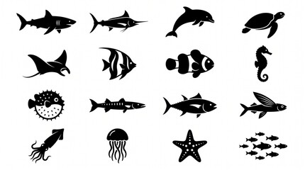 Obraz premium Black Fish Silhouette Collection on White Background