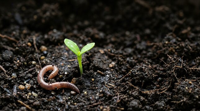 Macro shot of a green seedling sprouting from dark soil with an earthworm nearby.
