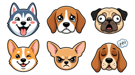 Fototapeta premium Set of six cartoon dog faces with various expressions, including happy husky, sad beagle, surprised pug, winking corgi, angry chihuahua, and sleeping beagle with zzz thought bubble