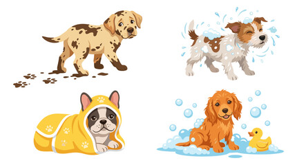 Obraz premium Set of four cartoon dogs, including a muddy puppy, a dog shaking off water, a french bulldog in a yellow towel, and a puppy in a bubble bath with a rubber duck