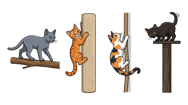 Set of four cartoon cats on transparent background, including a grey cat on a branch, orange tabby on a scratching post, calico climbing a rope, and black kitten on a platform