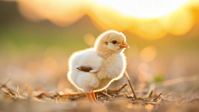 Adorable fluffy chick bathed in golden sunlight on a farm