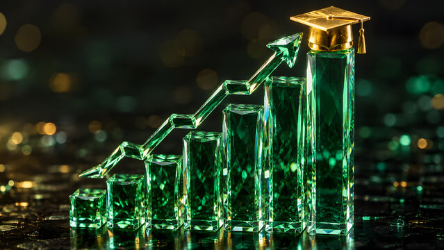 Green crystal growth bar chart with a rising arrow and a golden graduation cap on the highest pillar on a dark shimmering background