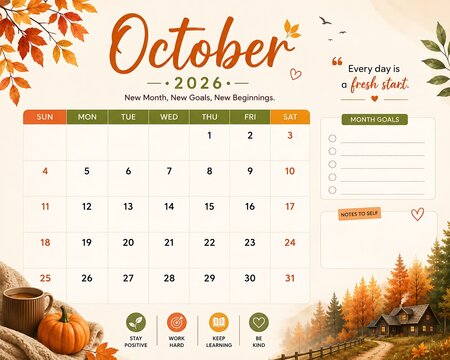 October 2026 calendar planner with autumn foliage pumpkin landscape illustration