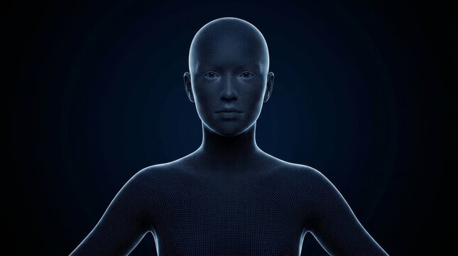 A 3D wireframe model of a human figure with a dark backdrop, representing technology concepts.