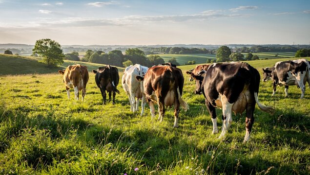 Dairy Cows Grazing in a Lush Green Pasture at Sunrise