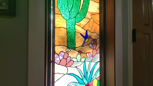Intricate Stained Glass Featuring Agave And Cactus Motifs Illuminates Hallway With Colorful Patterns