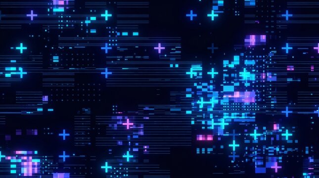 Abstract digital glitch art with pixelated blue and purple lights on a dark background.