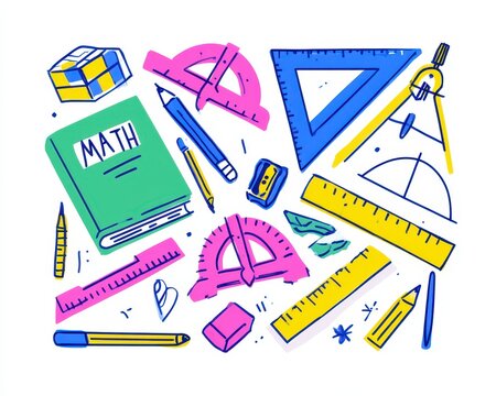 Math education tools and school supplies collection isolated on white background