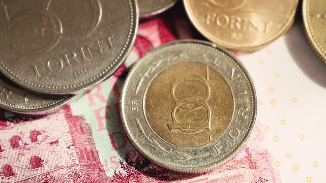 Banknote details of Hungarian forint and coins. High quality 4k footage