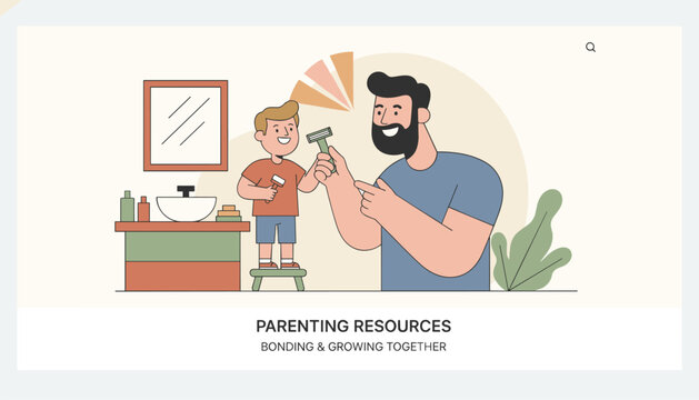 Happy bearded father showing his little son how to shave in front of bathroom mirror, featuring text parenting resources.