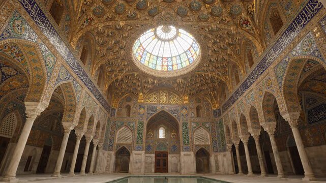 Magnificent mosque interior architecture showcases grand dome, intricate tilework, bathed natural light, evoking awe Islamic architecture, detailed mosaics, historical wonder Majestic architectural
