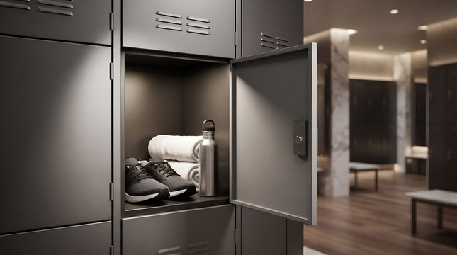 Modern gym locker interior with athletic shoes, water bottle, and fresh towels in a luxury fitness club changing room