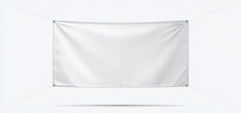 A blank white banner hangs tautly with grommets on a light grey background