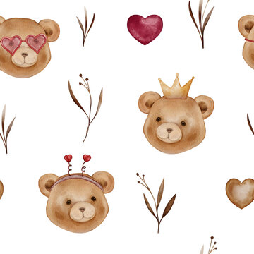 Seamless pattern with watercolor illustrations of cute brown teddy bear faces and hearts. Repeating pattern of teddy bear heads with crown, heart-shaped glasses and horns. For baby textiles
