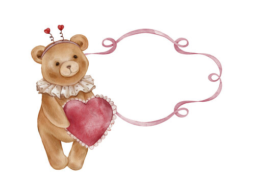 Watercolor illustration cute teddy bear holding a red heart and standing next to blank pink frame. Retro style bear wearing a vintage jabot collar. For Valentine's Day greeting cards