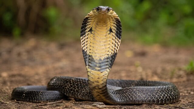 King cobra poised with expanded hood on forest floor, front-facing defensive display