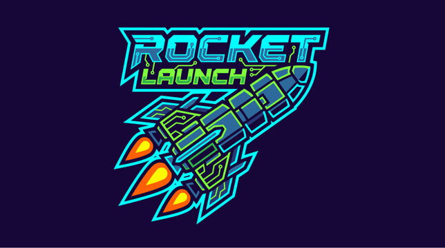 Stylized rocket launch vector logo design with neon colors and bold outlines.
