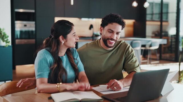Happy, couple and high five in apartment with laptop, embrace or success for online loan application. Married people, hug and celebration in home with computer, smile and good news for credit score.