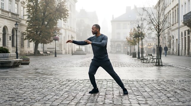Athletic man practicing tai chi exercises on a foggy european city street