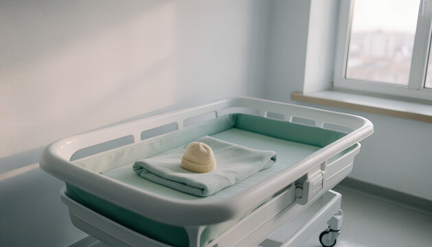 Empty baby crib in sterile hospital corridor with copy space. Concept of child abandonment, neonatal orphan crisis, maternal health issues and social problems, child welfare and orphanhood concept