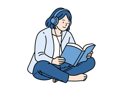 woman-reading-book-with-headphones-blue-illustration