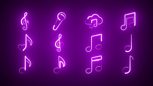 Purple neon music symbols and notes grid in 4k animation