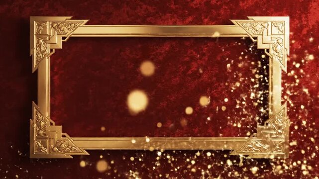 Ornate gold frame on red velvet with sparkling golden particles