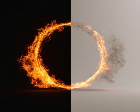 A circular ring of fire split between a black and a light grey background, showcasing high contrast and dynamic flames in a conceptual artistic composition