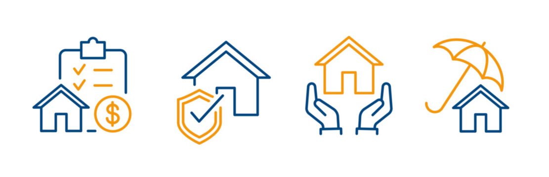 house insurance icons, home with shield, care and security for the real estate, home insurance outline icon set, house editable stroke vector illustration eps10