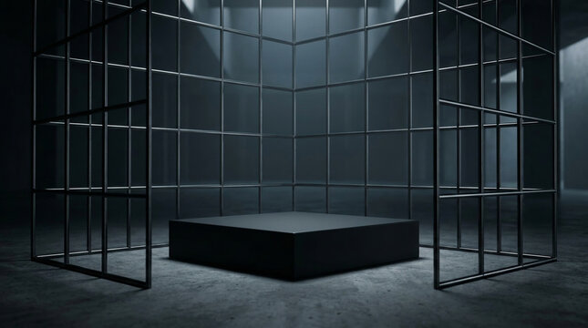 Dramatic low-angle view of a matte black square podium framed by sleek metal grids under moody cinematic lighting.