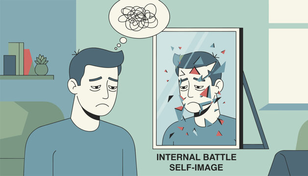 Sad young man looks at his cracked and shattered reflection in a mirror, representing low self-esteem and mental health struggles.