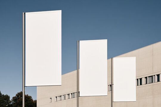 Three vertical blank white banners on poles, against a modern building