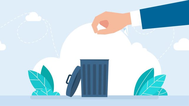 Hand throwing a red speech bubble in a waste bin. Fake, propaganda. Propagandist liters human brain with fake news. Spreading misinformation in mass media. Сensorship concept. 2d flat animation. Video