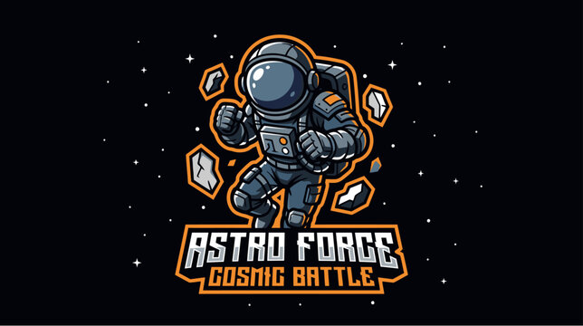 Cartoon astronaut mascot logo design for a cosmic battle space game.