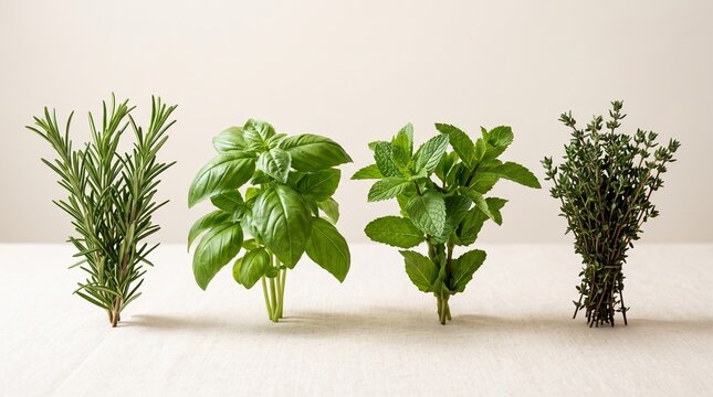 Fresh culinary herbs collection, rosemary basil mint and thyme sprigs, organic green herb assortment on neutral background