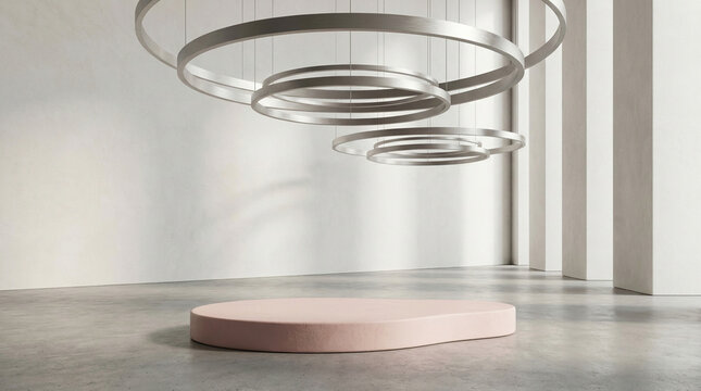 Low-angle shot of a pastel pink smooth plaster asymmetrical podium surrounded by hanging circular rings under diffused clouds.