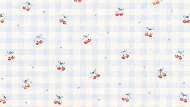 Seamless pattern with watercolor cherries and blue bows on a soft light blue gingham checkered background