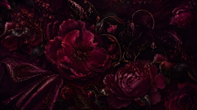 Luxurious dark floral background with deep burgundy peonies, elegant golden vines, and rich velvet textures in a moody, romantic, and sophisticated style