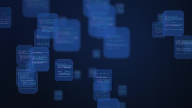 Floating code panels and script cards receding into depth, on a dark blue background, for software development and cloud computing themes