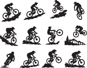 Naklejka premium mountain bike silhouettes set extreme cycling mtb downhill vector illustration